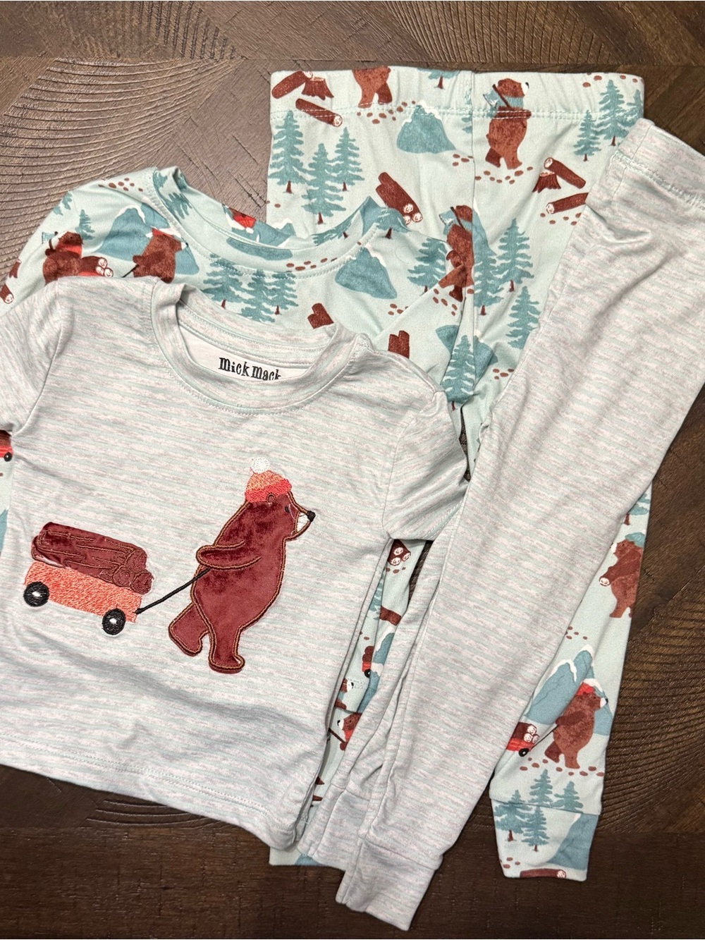 Mick Mack Kids Bear Wagon Pajama Set - Light Gray & Teal Bear Print